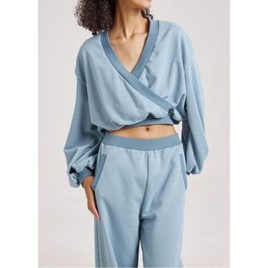 Nap Loungewear V Neck Cotton Wrap Warp Crop Top Baby Blue Small